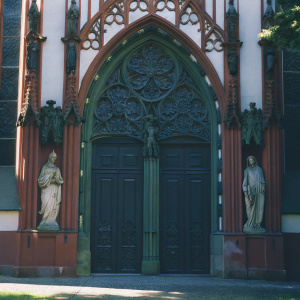 Gothic church entrance in Würzburg, Germany. Red and white facade. Intricate carvings and sculptures adorn the large doorway, with Adam and Eve statues on either side. Elaborate carvings and prominent arched design. A serene and detailed architectural photo.