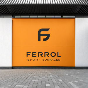 Ferrol Sport Surfaces logo featuring a sleek 'F' in bold black on a vibrant orange background. Modern and minimalistic design.
