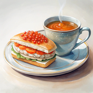 a cup of coffee, a plate with a red caviar sandwich next to it.