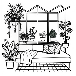 A sunroom filled with plants and a comfortable daybed
