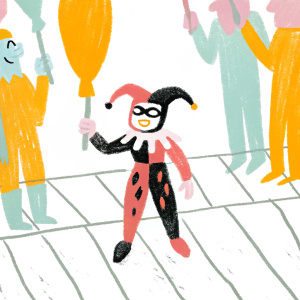 Harley Quinn from Gotham City. Pink hair, red and black costume, grinning widely. Crowded Comic-Con floor