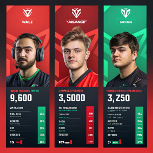 Digital infographic showcasing esports stats for Valorant. Three panels featuring close-up portraits of gamers alongside detailed statistics. Vibrant color scheme with bold reds and greens. Modern, sleek design emphasizing data and player personalities.
