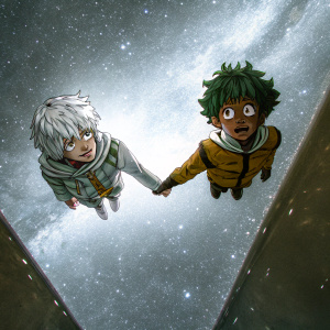 In a scene from My Hero Academia, two characters are floating in space. One with white, voluminous hair, the other with green, tousled locks. Galaxy-like background
