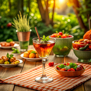 Realistic photo of beautiful very close cocktails and food for aperitif for a magazine, background picnic tablecloth with plants, size 4:16, best quality
 