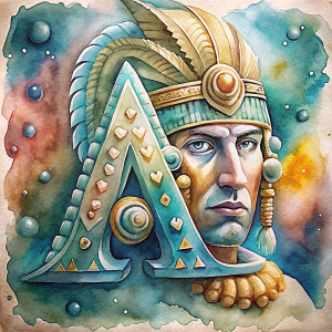 letra A fusionado con un  rostro inca de perfil adornos de plumas precolombinos