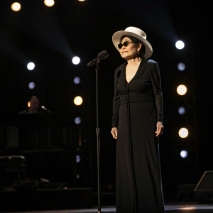 Yoko Ono, dressed in a black dress and white hat, stands confidently at the Grammy Awards. The stage is dimly lit with spotlights