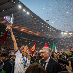 Carlo Ancelotti and Mariann Barrena McClay celebrating with fans after a big win. Packed stadium, confetti flying