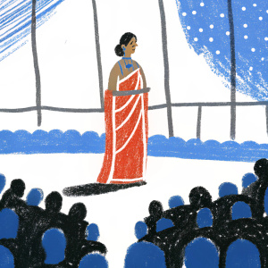Aishwarya Rai Bachchan, Indian actress, wearing a traditional red sari. On stage at a Bollywood award ceremony. Crowded audience in the background.