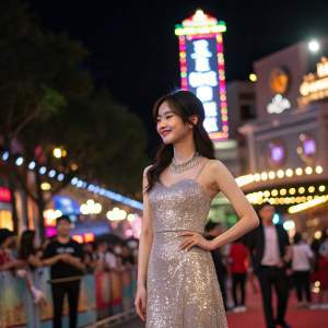 Ju Jingyi, member of SNH48, stands confidently in a glamorous sequined dress. The background is a bustling street festival with colorful lights and cheerful crowds.