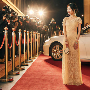Actress Lee Yeon-Hee at a glitzy awards ceremony. She's in a stunning cream lace gown with golden jewelry. Behind her is a bustling red carpet event with flashes of paparazzi and a sleek white car parked nearby.