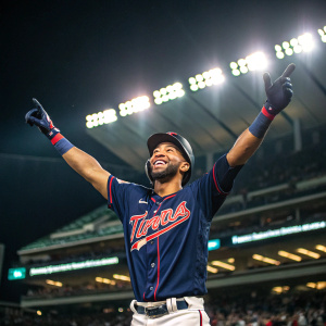 Eddie Rosario, wearing a Minnesota Twins jersey, poses for a high-resolution photo. Bright stadium lights, sparse crowd visible in the background. He lifts his arms in celebration, flashing a broad smile.