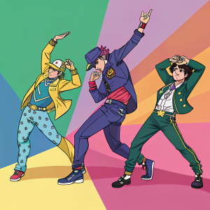 Illustration of JoJo's Bizarre Adventure characters in an energetic dance scene. Bright colors and bold lines. Each character's unique design highlighted.