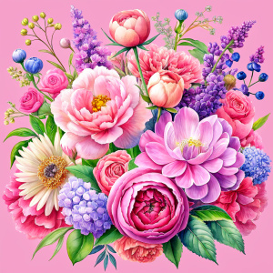  watercolor image with me pink Peonies , fuchsia daffodil ,pale pink roses ,magenta Damarions,thulian pink Common Crape Myrtle , punch pink Ranunculus viburnum ,salmon pink wax flower ,pink dandelion ,creamy sweet William , misty rose pink yarrow, china rose pink Snowdrop ,taffy pink Watsonia ,coral pink tritoma ,lavender blush viburnum ,french rose pink wax flower , doll pink dandelion ,flamingo pink geranium , baby pink geranium, violets 