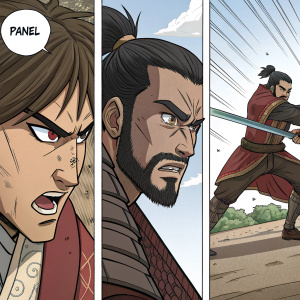 Comic strip featuring three panels. First panel shows a close-up of a character with intense expression. Second panel depicts a character in a fierce battle stance. Third panel captures another character with a resolute determination. Speech bubbles convey dialogue in an exotic language. Dynamic poses add to the action-packed narrative.