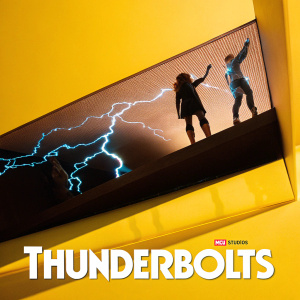 Poster for the upcoming Marvel film Thunderbolts. Digital artwork showcasing a squad of MCU heroes in action. Vibrant hues of gold and dark tones. Lightning-themed backdrop. Marvel Studios logo prominently displayed at the bottom.