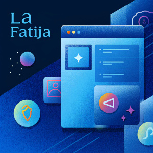 Portfolio website for La Fatija showcasing elegant design. Black background, colorful icons and text overlays.