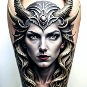 Hel – nordic godness - perfect realistic art - high definition - grey and black tattoo design - white background 