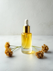 oil for nail in a minimalist style with a dried flower on the background



