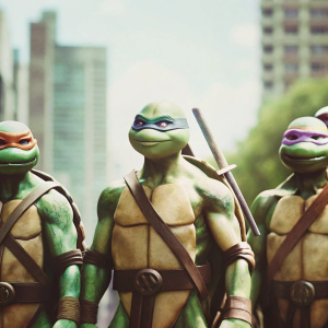 Digital illustration featuring Leonardo, Michelangelo, Donatello, and Raphael from Teenage Mutant Ninja Turtles. Vibrant color palette includes shades of green, brown, and purple. Cityscape backdrop