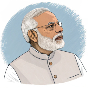 Cartoony illustration of Narendra Modi. Former Prime Minister of India, with white hair and a beard. Simple drawing style, plain blue background