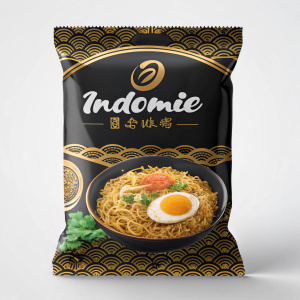 Indomie instant noodle package design, modern and sleek. Packaging highlights the golden hue of the egg yolk in the noodle dish. Black and golden tones dominate the color scheme. Prominent branding throughout the design. Digital graphic style.