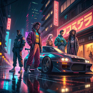 Promotional image for 'Fast and Furious: Tokyo Drift'. Multiple characters from diverse backgrounds standing in front of a sleek, racing car. Background is a neon-lit street of Tokyo.