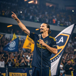 Zlatan Ibrahimovic giving an interview at a packed stadium. Dark Galaxy-branded jersey, LA Galaxy branding backdrop, standing in front of cheering fans.