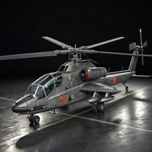 Digital 3D render of a Ka-50 Black Shark. Dark metallic surfaces gleam against a black backdrop. Detailed helicopter design and structure. Grayscale color scheme.