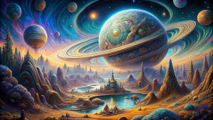 A mystical portrayal of Saturn's domicile in Aquarius, suggesting themes of innovation, progress, and community.