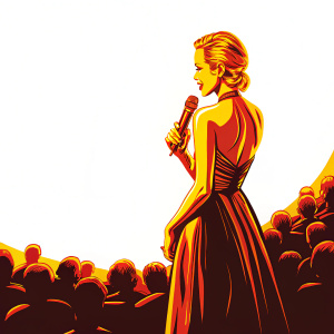 Jessica Alba at award show, elegant black gown, blonde hair updo, holding microphone, spotlight shining on her. Crowd in background, blurry