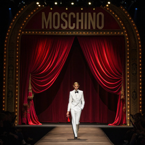 Model walking the runway at Moschino's Milan Fashion Week show. Rich red curtains and bold marquee backdrop. Formal white attire
