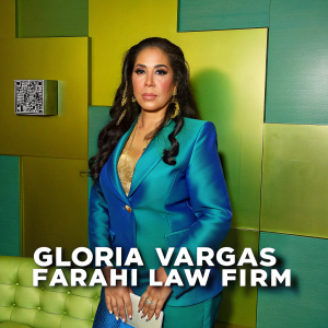 Serious portrait of Gloria Vargas, attorney at Farahi Law Firm. Against a dark background, wearing a sleek dark blue suit with gold accessories. Prominent display of contact info and QR code. Professional setting emphasizing her expertise in personal injury law.