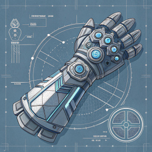 Concept art for Vi's Hextech Gauntlet from League of Legends. Digital rendering, blueprint style design with geometric shapes and lines. Colors: gray and blue tones.