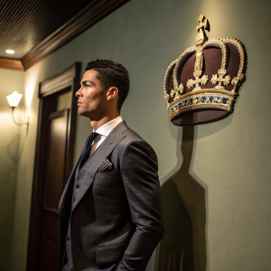 Cristiano Ronaldo, dressed in a tailored suit, stands solemnly. Behind him, an ornate crown decorates the wall.