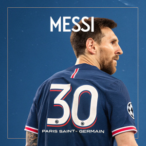 Lionel Messi, in full focus, Paris Saint-Germain jersey, number 30, name Messi on back, blue background, text elements, sports theme, promotional image