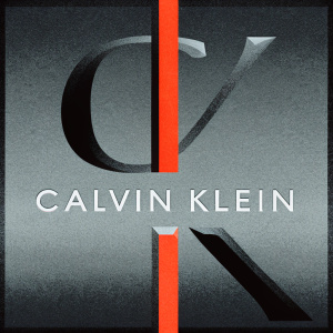 Contemporary logo design showcasing bold, black stylized letters with 'Calvin Klein' in subtle, gray text underneath. The design features a vibrant orange stripe, embodying a minimalist aesthetic.