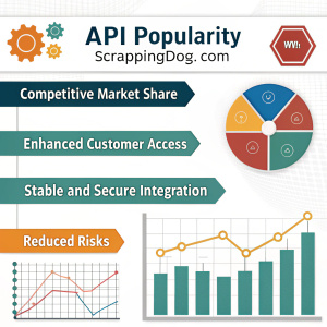 Infographic showcasing the rise of API popularity. Competitive market, customer access, stable and secure integration, lowering risks, disrupting the market. Visit www.scrappingdog.com for more details.