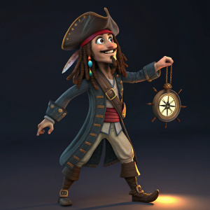 A 3D digital model of Captain Jack Sparrow in a lively pose, with his iconic pirate ensemble. Dark background, glowing highlights