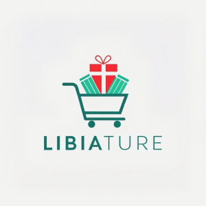 Logo named 'LIBRATURE', shopping cart, gift box, white background