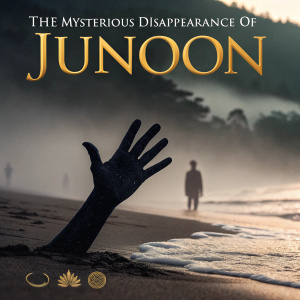 Vintage movie poster for 'The Mysterious Disappearance of Junoon'. Features a dark silhouette of a hand emerging from misty beach sands. The title is in elegant, gold script, with additional text in the lower third for creator credits and award logos.
