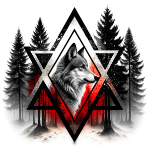 valknut runes pattern geometric symbols - wolf and trees - tattoo design - perfect realistic art - high-definition - grey and black - white background 