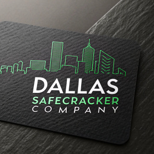 Business card for Dallas Safecracker Company. Modern design with urban cityscape. Logo in green and black. Textured dark background.