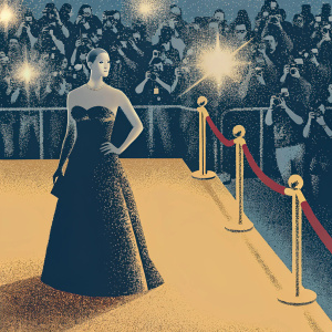 Karlie Kloss at the Met Gala. Wearing a strapless black gown. Crowded red carpet, paparazzi in background.