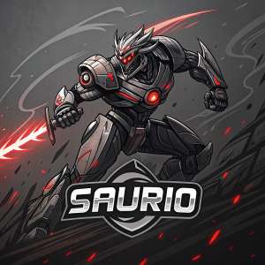A fierce robot in an attacking stance. The sharp edges and bold lines create a sense of intense motion. Name 'SAURIO' written below in a sleek, modern font.