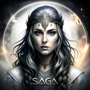 Saga, The Seer - Nordic Goddess of Sagas & Myths perfect realistic art, high-definition grey and black, white background tattoo design