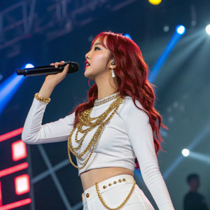 SinB from GFRIEND performs on stage at KCON. Wearing a white top with gold chains and red hair styled in loose waves.