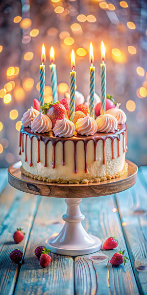 at the top of the picture is a cake with three candles, the cake is on a round table. blurred fantasy objects from below. The background of the picture is soft colors