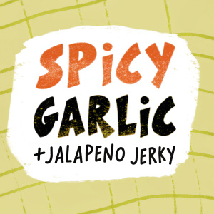 Bold logo design featuring 'Spicy Garlic' in fiery red, grunge font. Below, '+Jalapeno Jerky' in vibrant green. Modern graphic style with edgy texture and playful tone.