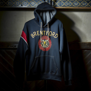 Dark hoodie with Brentford logo in gold. Shaded background, intricate border design. Photo