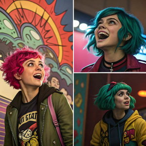 Comic panels from 'Scott Pilgrim vs. The World'. Characters with vibrant, neon hair and exaggerated facial expressions.